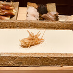 日本橋 蕎ノ字 - 海老の頭。一つ目は塩で。