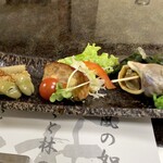 Shingen - ◎つぶ貝煮付け ◎自家製のミートローフ ◎牛蒡とそら豆の甘辛煮