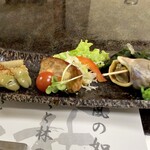 信玄 - ◎つぶ貝煮付け ◎自家製のミートローフ ◎牛蒡とそら豆の甘辛煮