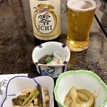 Shingen - ◎自家製の烏賊の塩辛 ◎新潟のわらびと油揚げ炊き合わせ ◎もずく酢