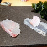 鮨 龍次郎 - 千葉県竹岡のマハタ（左）、宮城県の真子鰈（右）