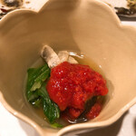 うを徳 - 京都の加茂茄子・しろ菜・ずいきの胡麻酢和え・フルーツトマトを裏ごしした餡とトマトの汁の小鉢