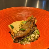 中土 - 鮑と八女の筍 鮑の肝とあおさ海苔のリゾットが下に、上にはガストロバックをかけた鮑と筍