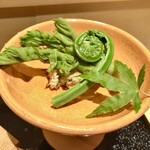 銀座 しのはら - 八寸：初鰹のたたき 蛍烏賊 菜の花 空豆 合鴨のローストの黄ニラをはさみ 石川小芋 フルーツトマト 蛸の柔らか煮 蓮根の酢漬け 玉子真丈 蕨とタラの目の胡麻汚し 胡瓜の実 鳥貝ともずく