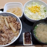 Yoshinoya - ねぎだく牛丼並454円+生野菜みそ汁セット139円（いずれも税別）