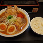 辛口肉ソバ ひるドラ - ①辛口肉ソバ味噌＆味玉＆カラアゲ ＋ 白ご飯（小）