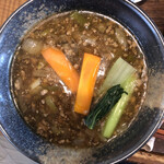 越生庵 甚五郎 - ネギ、ナス、生姜、ひき肉が、とろみで纏められたつけ汁。