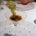 ラ・ヴァガボンド - ３-1　ポロ葱のムース、サザエ、空豆のコンソメジュレを添えて、あおさのフィアンティーヌ