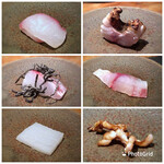 大どころ - 「石鯛（対島）」「水烏賊」「伊佐木（糸島）」「伊佐木エンガワ炙り」「天然鯛（糸島）：塩昆布のせ」「鯵（相島）」