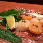 Soba Hirakawa - 水無月（6月）蕎麦懐石　先付：炙り帆立の山椒オイルかけ　木の芽味噌、パルメザンチーズとレモン添え