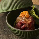 A5 Specially Selected Female Wagyu Beef, Bite-sized Seared Carpaccio - Topped with Sea Urchin