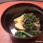 御料理 寺沢 - 花山椒､白子筍､北上牛ﾛｰｽ､ｺｺﾞﾐ