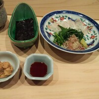 はらまさ - はらまさ流お造り。海苔に鯛の刺身とあん肝醤油と薬味を乗せ、手巻きにして頂きます。あん肝醤油がズルいwww
