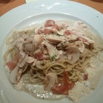 ヤマガタ サンダンデロ - 5.25訪問：ランチコース（1,800円）：庄内産マッシュルームと生ハムのクリームパスタ