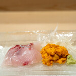 うを徳 - お造り（宿毛天然縞鰺、利尻バフンウニ、茗荷竹）