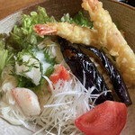 与三郎庵 - 海老天、素揚げ茄子、トマト、水戸産白髪ネギ、大根おろし、大葉、レタス、水菜、カニカマ、山葵等
