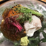 日本料理 太月 - フルコース１６５００円。縞鰺 ふっこ 醤油ジュレ。ジュレたっぷりですが、塩っぱさは薄めです。お刺身の旨味を引き出しています（╹◡╹）（╹◡╹）