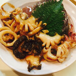 炉ばた高塚 - アワビとイカの醤油バター焼き