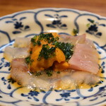 明道町中国菜 一星 - 寝かせホシカレイ、雲丹、葱ピーナッツオイル