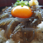 田子の浦港 漁協食堂 - 醤油漬け生しらすを卵黄とからめて食べる^ ^