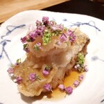炭火割烹 白坂 - ⚫太刀魚の天ぷら　銀餡　梅肉　穂紫蘇