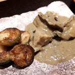 炭火割烹 白坂 - ⚫鮑　肝ソース　芽キャベツ　ブリオッシュ 