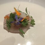 ジョンティ アッシュ - 千葉県銚子産カジキマグロのカルパッチョ、ハーブのサラダとレモングラス風味のトマトのジュレ