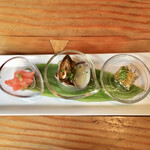 蕎麦切り 旗幟 - 酒あて三種もり840円