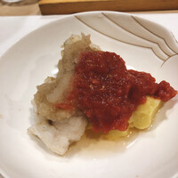 うを徳 - 鱧の揚げ物、玉蜀黍のすり身に合わせた鱧の揚げ物、玉蜀黍のすり身に合わせた胡麻豆腐胡麻豆腐
