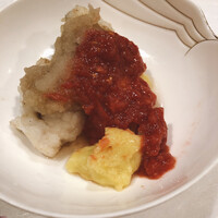 うを徳 - 鱧の揚げ物、玉蜀黍のすり身に合わせた胡麻豆腐