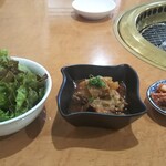 炭火焼肉 牛和鹿 - サラダとスジ煮込とキムチ