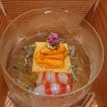 銀座 しのはら - バフンウニ、ウニ豆腐、車海老、ジュンサイの加減酢の煮凝りかけ