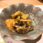 うを徳 - 山口の萩たまげなすと宮城塩釜の黒鮑、あん肝の煮こごり