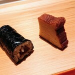 鮨 さかい - 干瓢巻き、海老と大和芋の玉子焼き