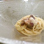 鮎のパスタ 枝豆のピュレのソース