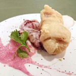 穴子と筍のフリット 子ヤリイカ ピンクペッパーのソース