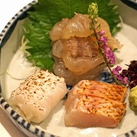 うぶか - 向付　　鹿児島県産の車海老、長崎県産の赤ムツ、淡路島産の鱧