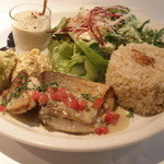 マザーエスタ - ブリのポアレ　シンシアと芽キャベツのフリット　ゴボウのムース