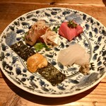 酒井商会 - お造り：紫雲丹、鰺のりゅうきゅう、きじはた、本鮪