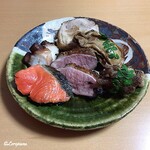 御料理 寺沢 - 紅鮭､蛸桜煮､鴨ﾛｰｽ､ﾎﾛﾎﾛ鳥､牡蠣､北上牛すき煮