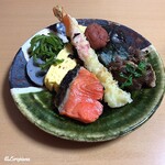 御料理 寺沢 - 青椒油炒め､出汁巻玉子､紅酒､海老天ぷら､南高梅､椎茸､茄子､北上牛すき煮