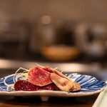 鳥田中 - 2020.6 七谷地鶏の内臓湯引き（レバー、ハツ、砂肝、脾臓）