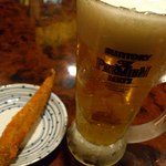 Menya Maruyoshi - ビールとお通し（ししゃもフライ的な何か）
