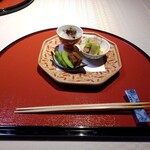 かわらまち 花ざくろ 川原町店 - 飛騨牛の煮凝り、紅梅煮、生湯葉と飛騨牛のｺﾝﾌｨ