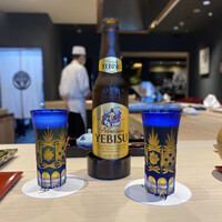 天ぷら料理 花歩 - 瓶ビールはキリンラガーかサッポロエビス
                    グラスは江戸切子