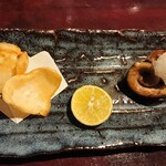 りょうりや 御旅屋 - 熟成百合根のから揚げ  秋刀魚の肝柚庵焼き