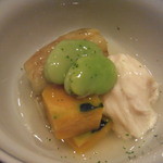 まき村 - 焼茄子　南京　湯葉　天豆　炊き合わせアップ