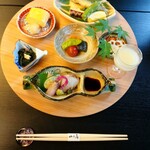 山乃尾 - 金時草のお浸し  稚鮎の天ぷら   鰺と平目