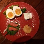 nakameguro 燻製 apartment - 燻製4種盛り合わせ(燻製半熟玉子、燻製タクアン、燻製タラコ、燻製刺身豆腐)