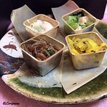 らん亭～ 美日庵 - はりはり沢庵､獅子唐じゃこ和え､青菜とお揚げの炊いたん､生湯葉